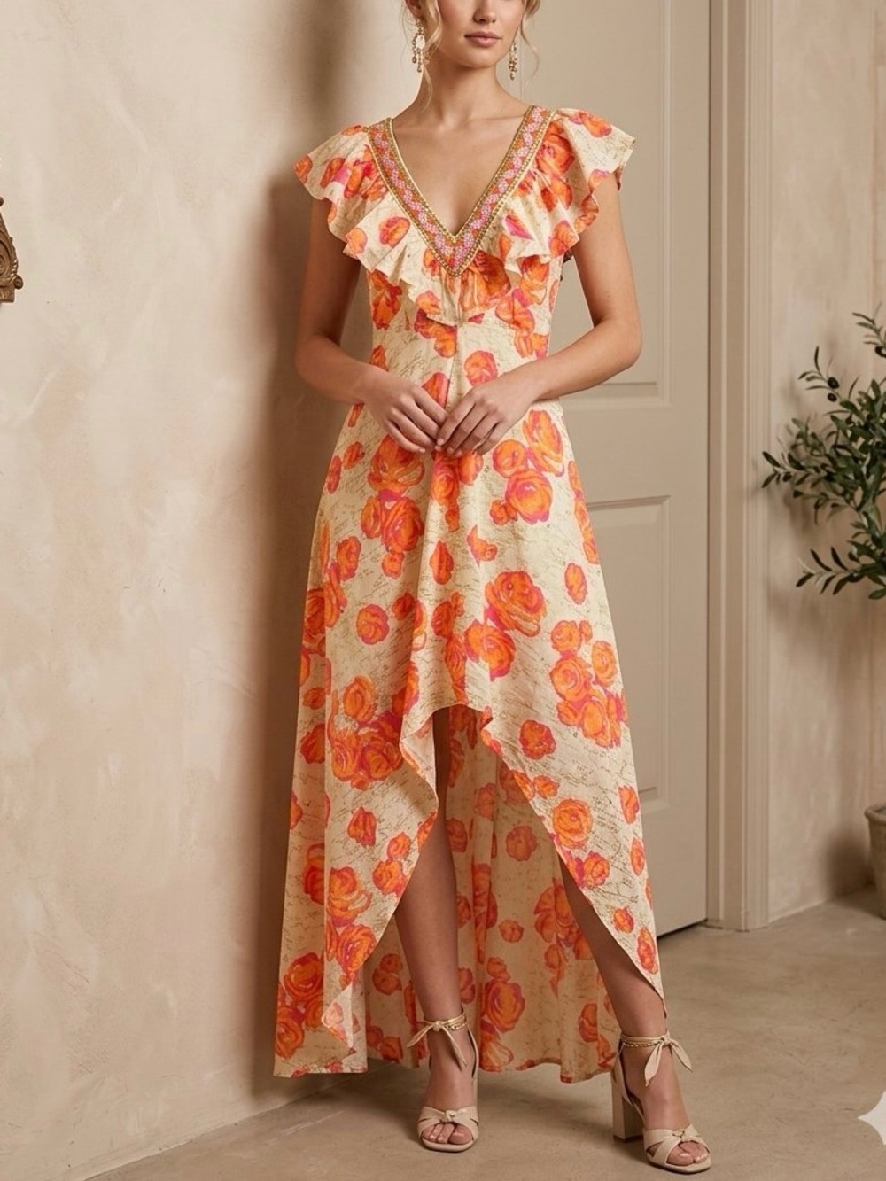 NWT Boston Proper Embellished Ruffle Floral High-Low Dress Size 0